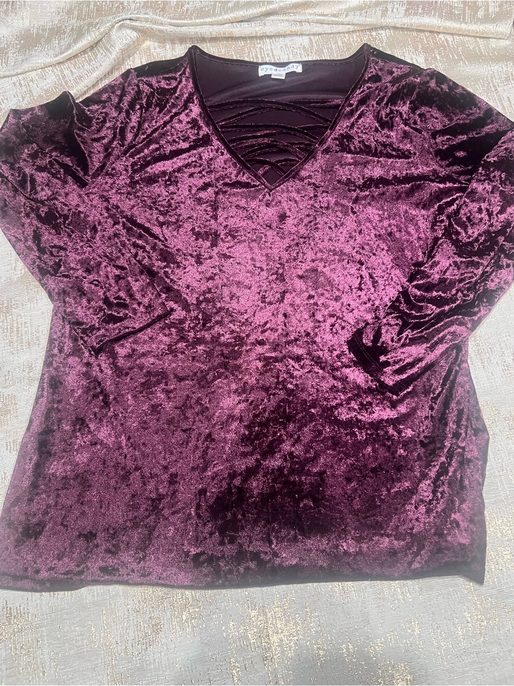 Eye Candy Women's Purple Solid Crushed Velvet V-Neck Long Sleeve Top Sz 1X